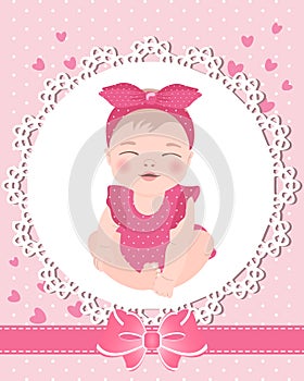 Children\'s greeting card with a cute baby girl on a lace template with a bow and hearts. Newborn design