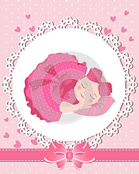 Children\'s greeting card with a cute baby girl on a lace template with a bow and hearts. Newborn design