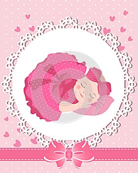 Children's greeting card with a cute baby girl on a lace template with a bow and hearts. Newborn design