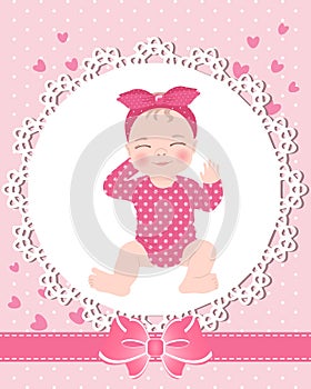 Children's greeting card with a cute baby girl on a lace template with a bow and hearts. Newborn design