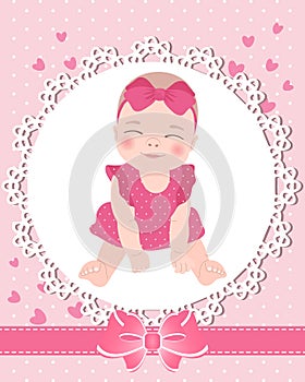 Children's greeting card with a cute baby girl on a lace template with a bow and hearts. Newborn design