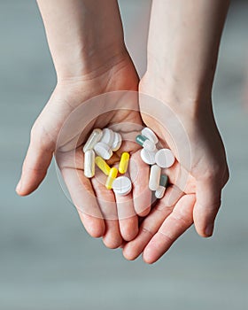 children's hands hold a handful of medicine pills. health day. doctors and medicine. taking vitamins