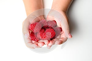 Children& x27;s hands hold a handful of raspberry on a white background Close Up