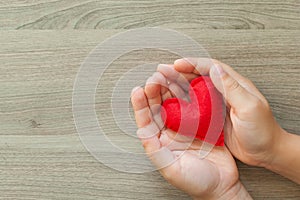 Children`s hands hold a heart made of felt. Valentine`s day