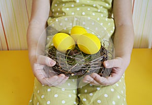 Children`s hands holding a bird`s nest. Nest with yellow eggs. Yellow background.