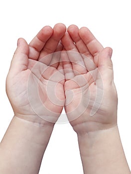 children`s hands on a white background with palms to the top. The concept of hand washing by children, cleanliness and body