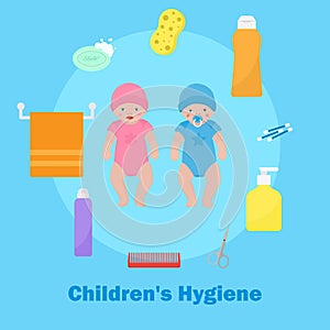 Children s health and hygiene icons banner vector illustration. Baby boy and girl characters with nipple. Accessories