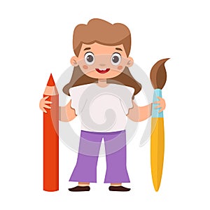 Children\'s hobbies. Girl with a brush for drawing and a pencil.
