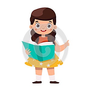 Children\'s hobbies. Girl with encyclopedia or big book.