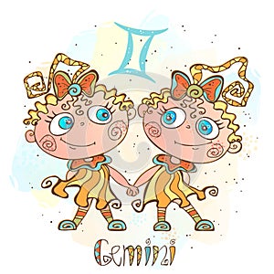 Children`s horoscope icon. Zodiac for kids. Gemini sign . Vector. Astrological symbol as cartoon character.