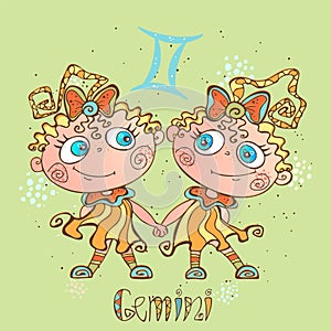 Children`s horoscope icon. Zodiac for kids. Gemini sign . Vector. Astrological symbol as cartoon character