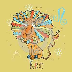 Children`s horoscope icon. Zodiac for kids. Leo sign . Vector. Astrological symbol as cartoon character