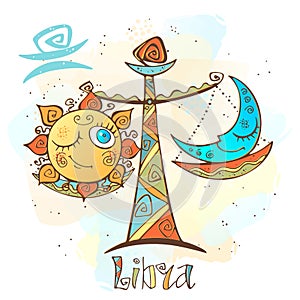 Children`s horoscope icon. Zodiac for kids. Libra sign . Vector. Astrological symbol as cartoon character. photo