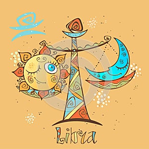 Children`s horoscope icon. Zodiac for kids. Libra sign . Vector. Astrological symbol as cartoon character
