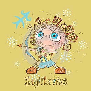 Children`s horoscope icon. Zodiac for kids. Sagittarius sign . Vector. Astrological symbol as cartoon character