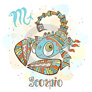 Children`s horoscope icon. Zodiac for kids. Scorpio sign . Vector. Astrological symbol as cartoon character. photo