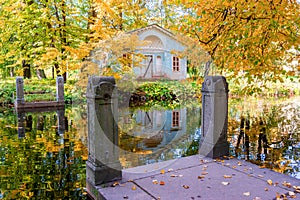 Children`s house in autumn foliage in Alexander park, Tsarskoe Selo Pushkin, St. Petersburg, Russia