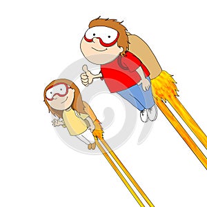 Children`s illustration of a boy and a girl who are flying thanks to propellants