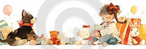 Children's illustration with different toys, happy childhood, banner