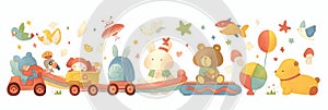 Children's illustration with different toys, happy childhood, banner