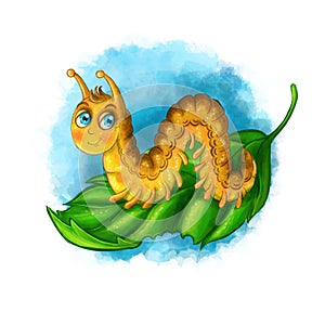 Children`s illustration in digital style, cartoon caterpillar, an insect for a child of orange color, many legs that sit on a gree