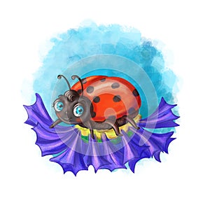 Children`s illustration in digital style, cartoon ladybug, insect for a child of red color, who sits on a flower, cornflower field