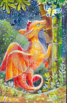 Children's illustration of a dragon at night. Oil painting on ca