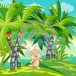 Children's illustration with a happy teddy bear in the jungle
