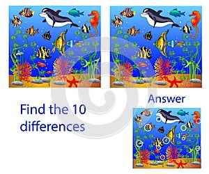 Children`s illustration Visual Puzzle: find ten differences from Dolphin and fish in the sea