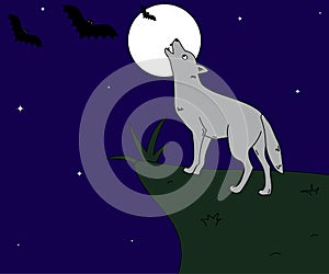 Children`s illustration where a wolf howls at the moon at night