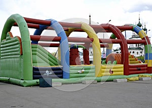 Children`s inflatable jumpy house castle top half.