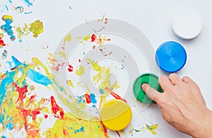 Children`s ink for drawing on a white background, finger paints, hand prints