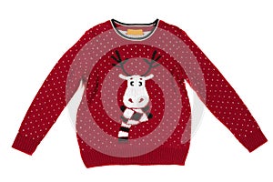 Children`s knitted sweater with a deer pattern. Isolate on white