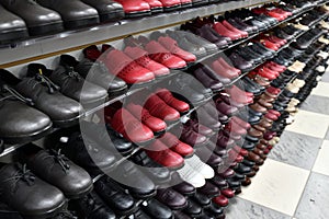 Children's leather demi-season shoes on the store counter