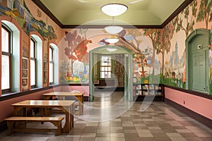 children's library, with colorful murals and reading nooks