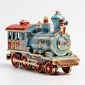 Children\'s locomotive, vintage train, express train toy isolated white background. Fairy Christmas gift train.