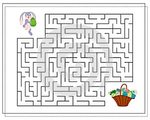 Children's logic game go through the maze. Help the hare find his way to the basket with Easter eggs. Vector