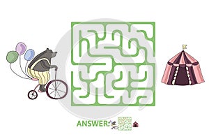 Children`s maze with bear on a bike and circus tent. Puzzle game for kids, vector labyrinth illustration.
