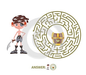 Children`s maze with pirate and treasure. Puzzle game for kids, vector labyrinth illustration.