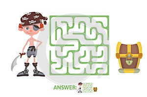 Children`s maze with pirate and treasure. Puzzle game for kids, vector labyrinth illustration.
