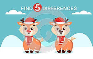 Children's mini-game, find the differences. Cute christmas deer in winter