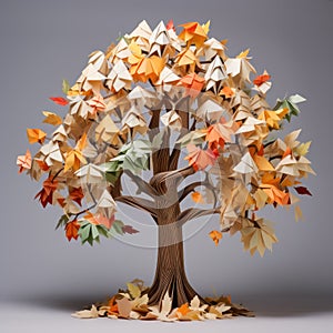 Children\'s Origami: A Gusty Tree With Paper Leaves And Natural Materials