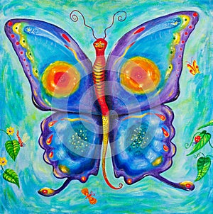 Children's painting of a colourful butterfly