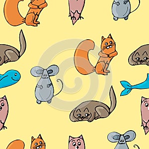 Children`s pattern with doodles sparrows, foxes, whales, owls on a yellow background.