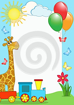 Children's photo framework. Giraffe and train.