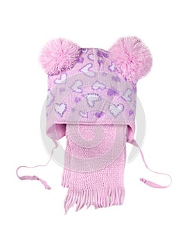 Children's pink cap with a scarf, isolate on a white background,