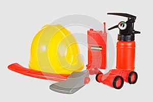 Children`s Play Set for playing Fire Rescue, Toy fire extinguisher, axe, Helmet, walkie-talkie, binoculars