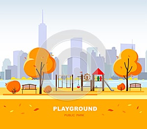 Children`s playground on the autumn landscape in the city park. Vector illustration.