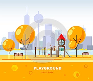 Children`s playground in the cityâ€™s public park. Vector illustration. Futuristic urban scene