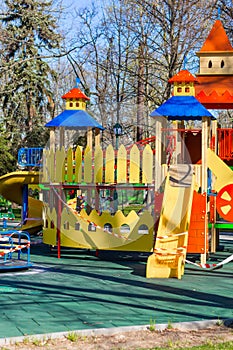 Children`s playground closed and wrapped in alarm caution tape for global coronavirus quarantine